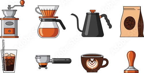 Professional Coffee Brewing Equipment Vector Illustration Set Featuring Grinder, Pour Over, Espresso Portafilter, and Latte Art for Cafe Branding and Specialty Coffee Designs