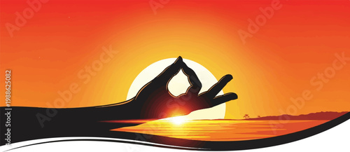 Silhouette hand forms a meditative gesture against a vibrant sunset over the ocean