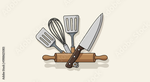 Utensils for cooking, including a whisk, spatulas, knife, and rolling pin, arranged compositionally