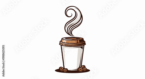 A stylized drawing of a steaming coffee cup with beans at its base