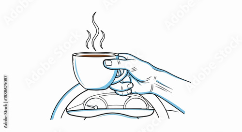 Hand holding steaming coffee cup above steering wheel and dashboard of a car