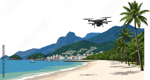 Tropical beach town with drone aerial view, mountains, sailboats, and palm trees