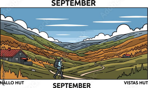 Hiker with backpack and poles walks on a path through a scenic valley with autumn foliage and distant mountains