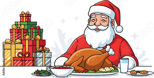 A joyful Santa Claus sits at a table laden with a roasted turkey, gifts, and festive treats