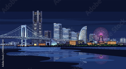 Pixelated nighttime cityscape with illuminated bridge, skyscrapers, and a Ferris wheel reflected in water
