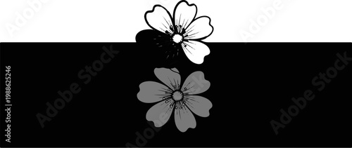 A graphic of a five-petaled flower, rendered in black and white, with a gray reflection