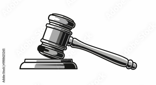A stylized, grayscale illustration of a gavel resting on its sounding block