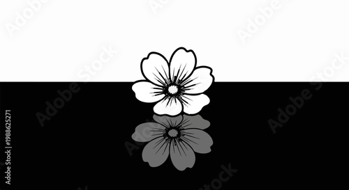 A simple black and white illustration of a flower with a shadow reflection