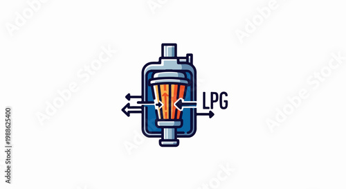 Simplified illustration of an LPG gas filter with inflow and outflow arrows