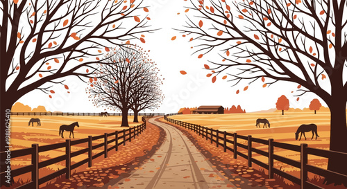 A picturesque autumn scene unfolds on a farm with horses grazing near a dirt road and barn