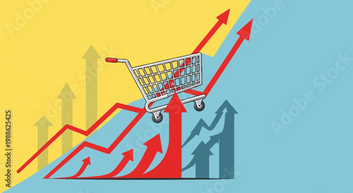 Shopping cart atop upward trending arrows and bar graphs symbolizing economic growth