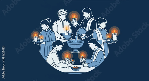 People gather for a ritual with candles, water, and offerings