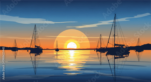 Sailboats silhouetted against a vibrant sunset over a tranquil, reflective sea