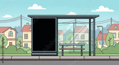 A cartoon bus stop shelter with a large blank advertisement panel and a bench, set against a backdrop of suburban houses and trees under a cloudy sky