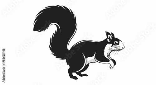 A black and white illustration of a squirrel in motion, with a bushy tail arched upwards and a focused expression
