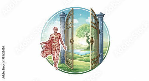 A glowing figure emerges from a gate into a serene, sunlit landscape with a large tree and lake