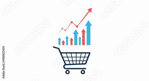 A shopping cart sits below an upward trending bar and line graph representing growth