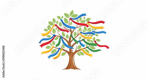 Stylized tree with green leaves and colorful ribbons fluttering on its branches