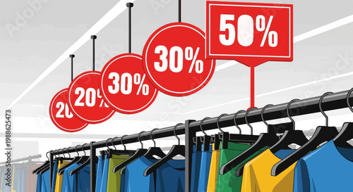 Brightly colored shirts on hangers with discount signs hanging above