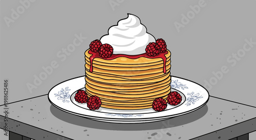 A stack of fluffy pancakes topped with whipped cream, jam and fresh raspberries on a decorative plate