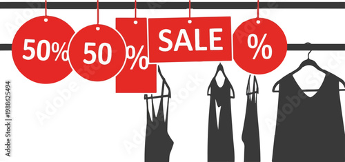 Retail sale with discount tags and silhouettes of clothing on hangers