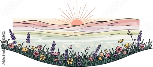 A picturesque meadow scene unfolds at sunrise, adorned with vibrant wildflowers and rolling hills under a soft sky