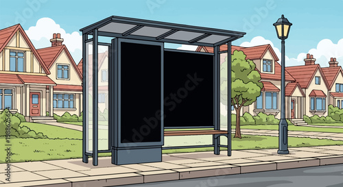 A suburban street scene featuring a bus stop with blank billboards, homes, and a lamppost under a blue sky