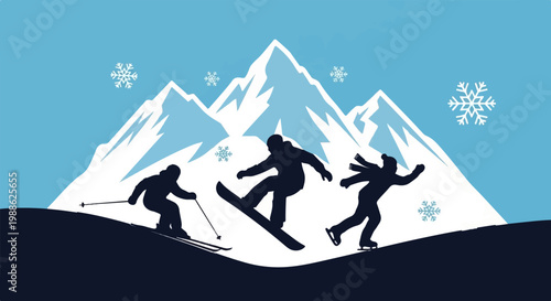 Silhouettes of skiers, snowboarders, and skaters against a snowy mountain backdrop