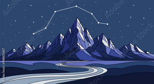 A stylized, geometric mountain range under a star-filled night sky with a prominent constellation