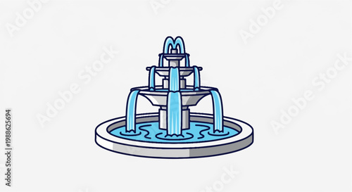 A stylized, multi-tiered fountain with water cascading down its sides into a circular basin