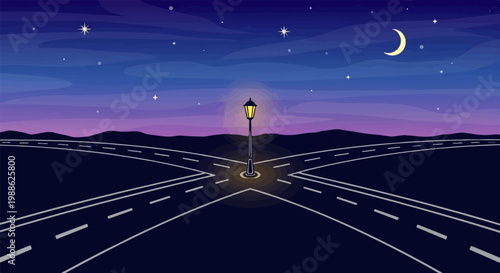 Crossroads at night with a single lamp post illuminating diverging paths under a starry sky