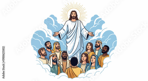 A radiant figure in white ascends above a diverse group in a cloudy sky