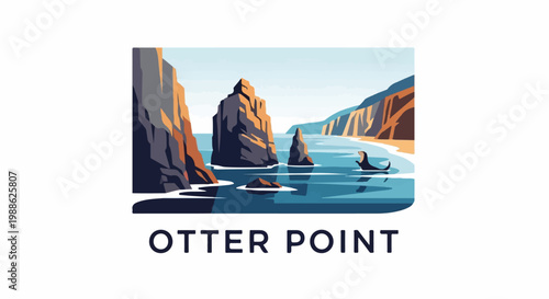 Coastal scene with sea stacks and a playful otter in the water near shore