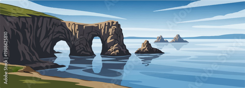 Pixelated coastal scene featuring sea stacks and an arched rock formation under a blue sky