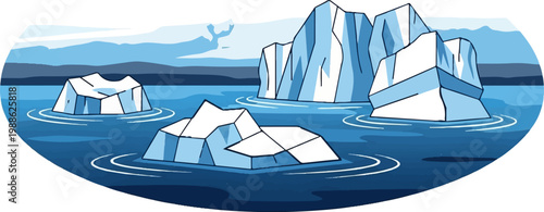 An illustration of icebergs floating on blue water with a mountain range in the background
