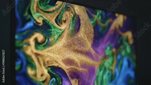 Abstract fluid art display with swirling gold, green, and blue colors, in a textured close-up