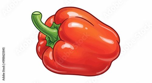 A vibrant, cartoon-style illustration of a plump red bell pepper with a green stem