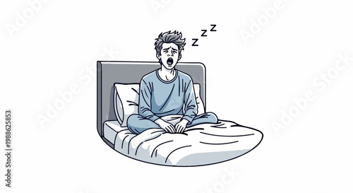 Tired person in bed yawns widely, sleep z's float in air, pajama clad