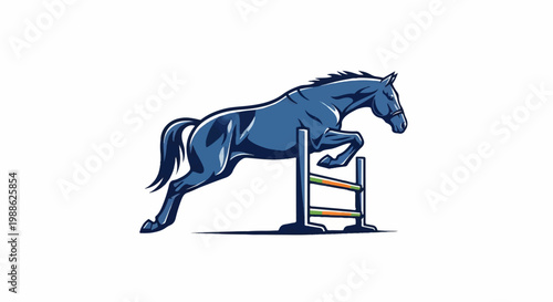 A sleek, dark blue horse mid-air, clearing a colorful equestrian jump