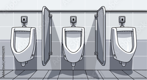 Three white urinals separated by dividers in a tiled public restroom