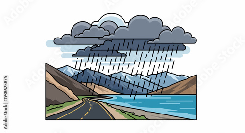 A stormy mountain landscape features a winding road by a blue lake under dark, rainy clouds