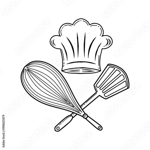 Chef hat with crossed whisk and spatula vector illustration. hand drawn kitchen utensils with chef hat sketch outline vector