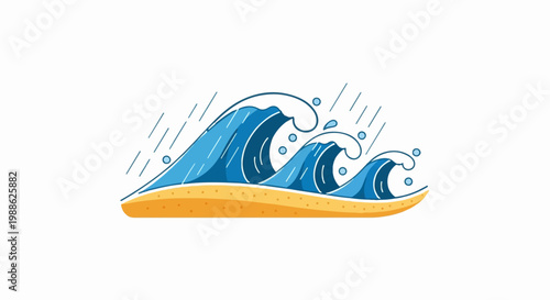 Stylized depiction of crashing ocean waves hitting a sandy beach under a shower of rain