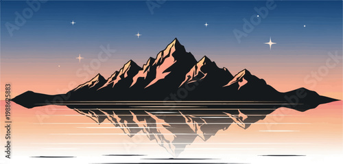 Pixelated mountain range reflected in still water at twilight with stars