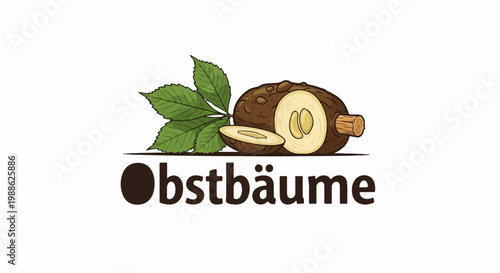 Stylized illustration of fruit with leaves and text