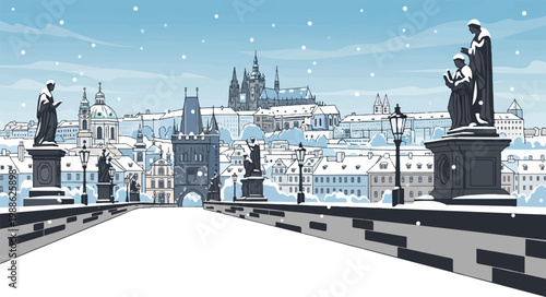 Snowy bridge leading to historic city with statues under a pale blue sky