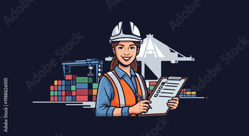 A female worker in a hard hat and vest inspects a cargo ship at a port