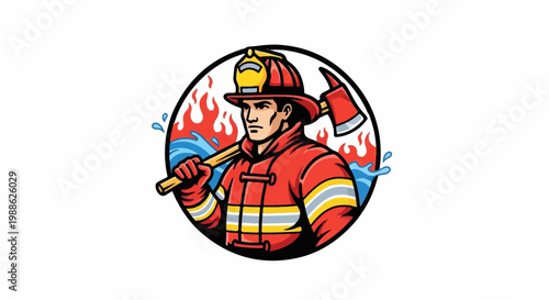 A stoic firefighter in uniform, carrying an axe, with flames and water