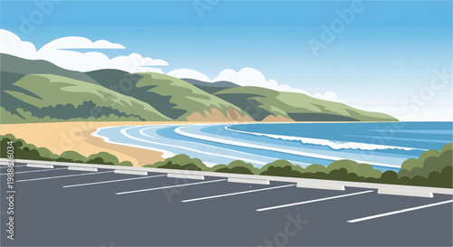 Seaside parking lot overlooks a tranquil beach and rolling green hills under a cloudy sky