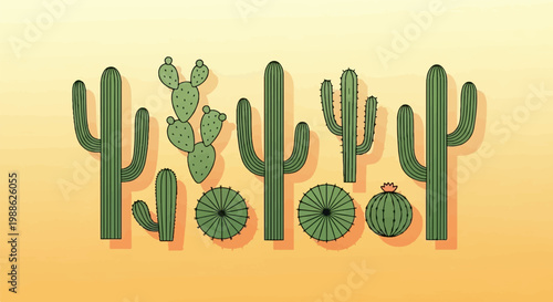 A line of various green cacti silhouetted against a warm, gradient orange background